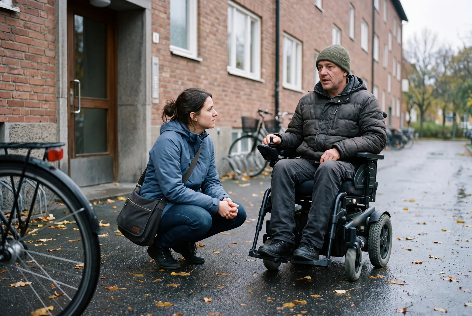 En man i permobil och hans assistent, som sitter på huk bredvid honom, pratar med varandra på en våt trottoar utanför ett bostadshus en höstdag.