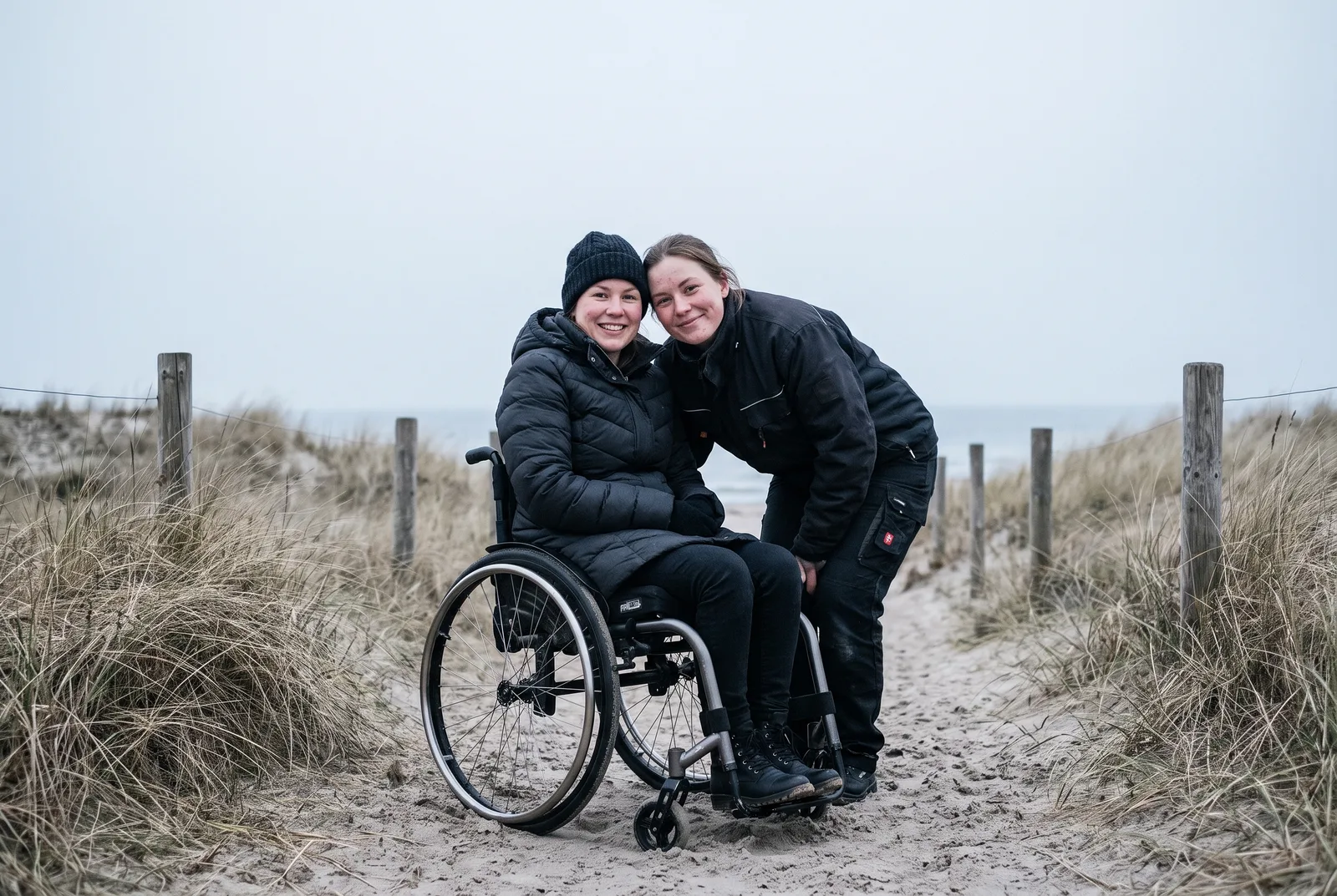 Två kvinnor på en sandstig ut mot havet, den ena i rullstol och den andra med armen om hennes axlar.